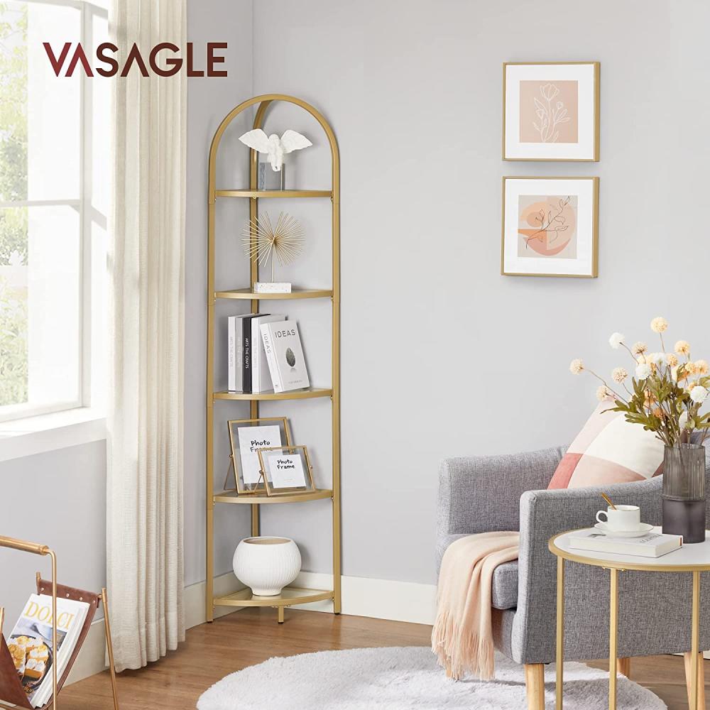 VASAGLE Eckregal mit 5 Etagen, Ablagen aus Hartglas, rostfrei, goldfarben, 158 x 28 x 28 cm LGT810A01 Bild 1