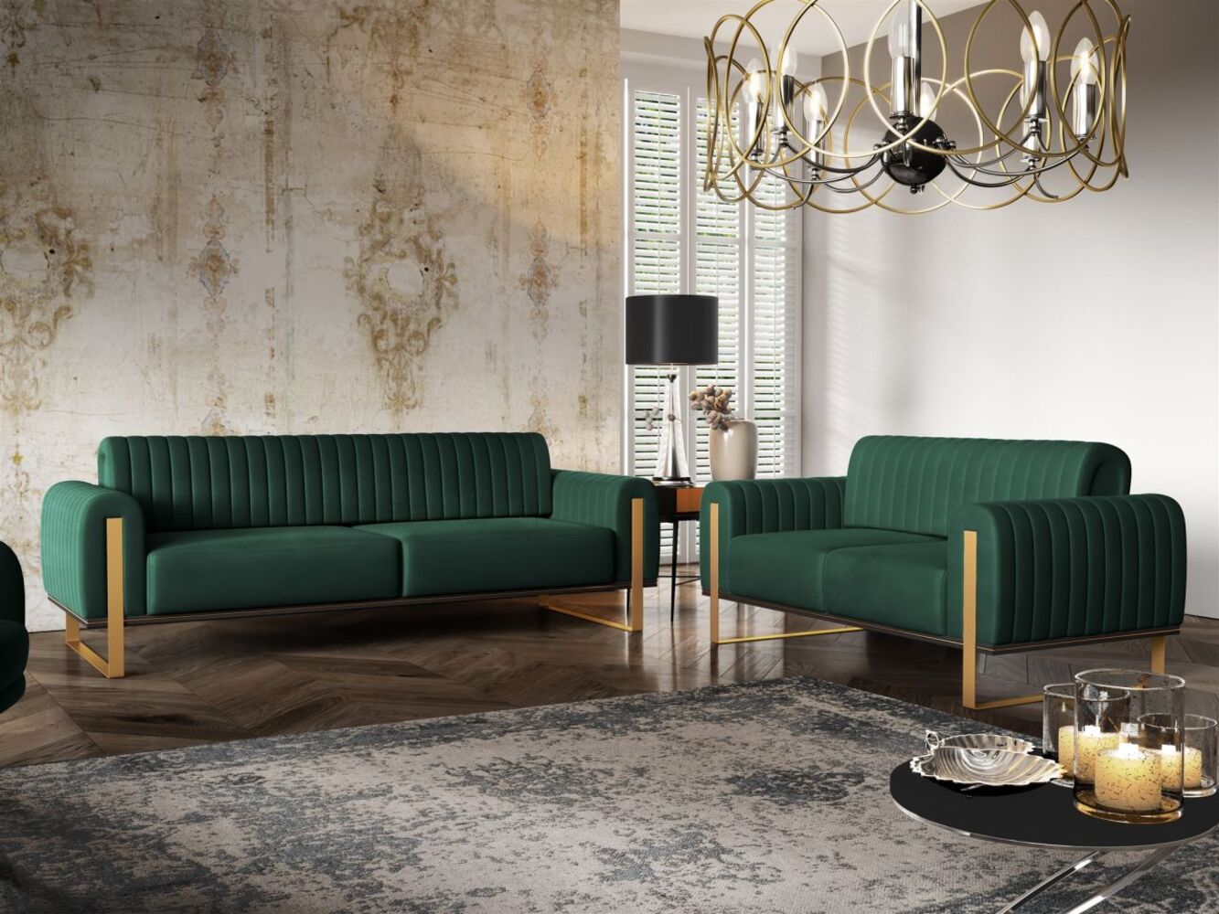 Sofaset Designersofas VALERIE 3-2 in Stoff Stoff Elisa Velvet Flaschengrün Bild 1