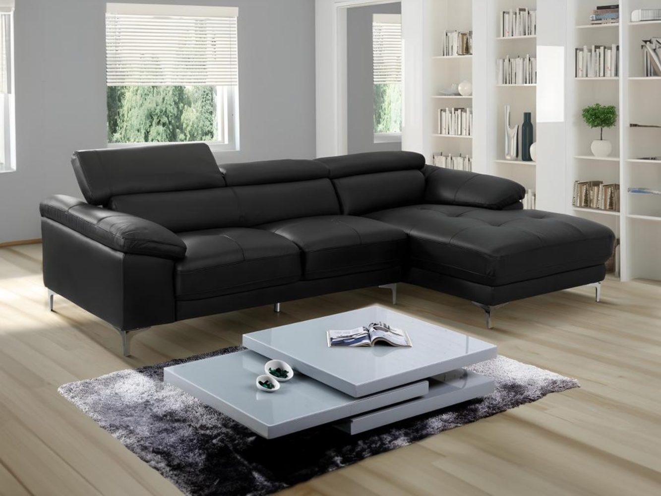 Vente-unique - Ecksofa - Ecke Rechts - Leder - Schwarz - SOLANGE Bild 1