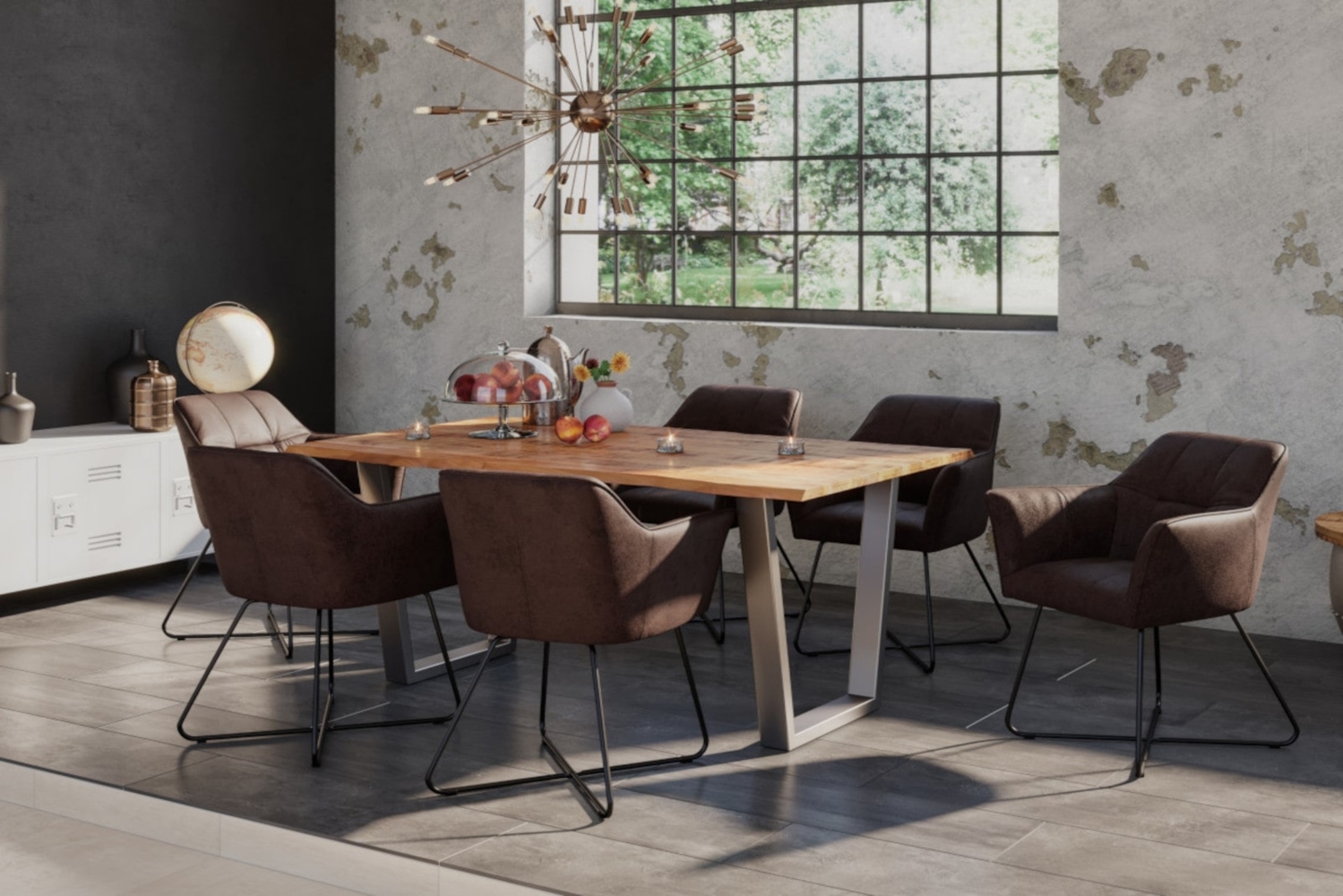 Essgruppe 160 cm Mango naturfarben V-Gestell silber mit 6 Stühlen DORA 71088898 Bild 1