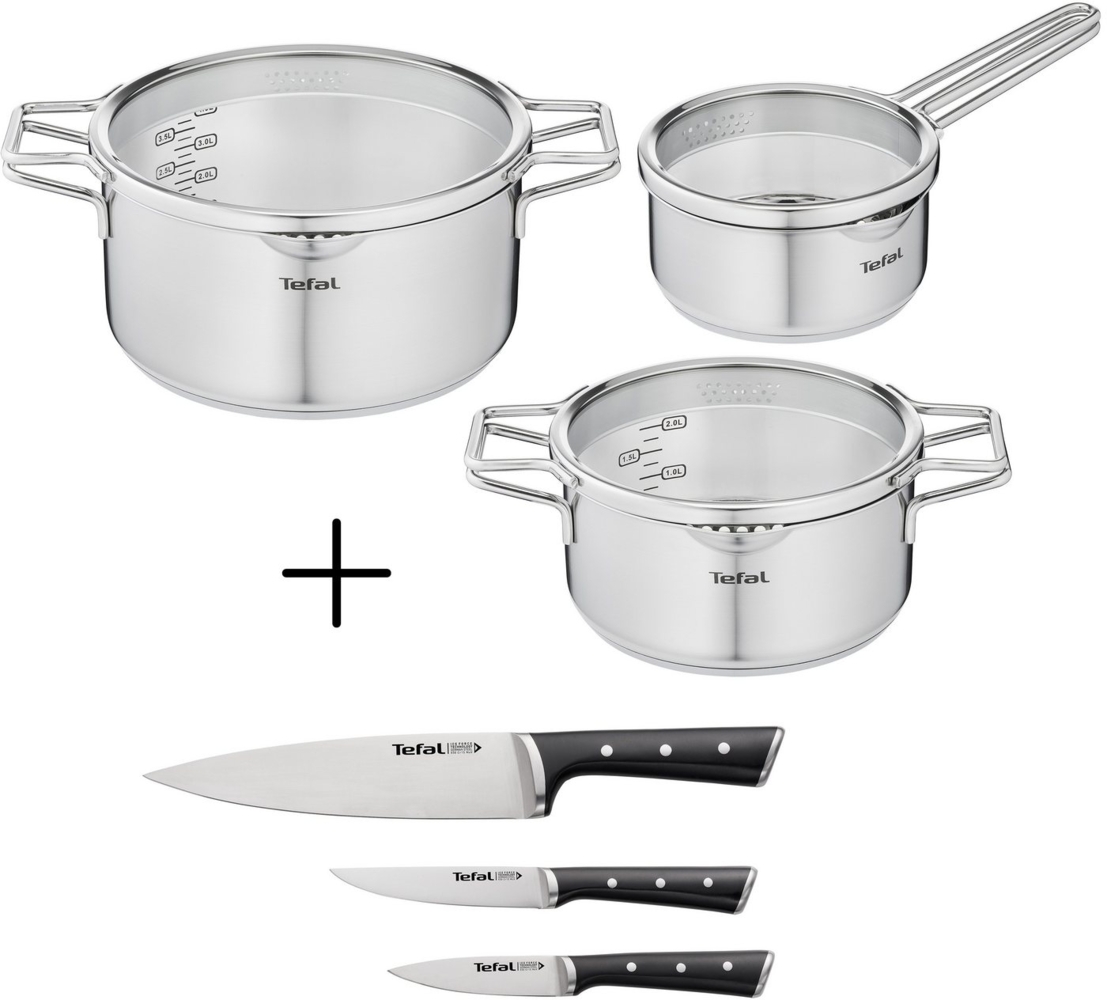 Tefal Topf-Set Nordica + Ice Force, Edelstahl (Set, 9-tlg, 1x Kasserolle 16 cm, 1x Kochtopf 20 cm, 1x Kochtopf 24 cm, 3 Messer), Set: Edelstahl-Topfset (alle Herdarten), Induktion Bild 1