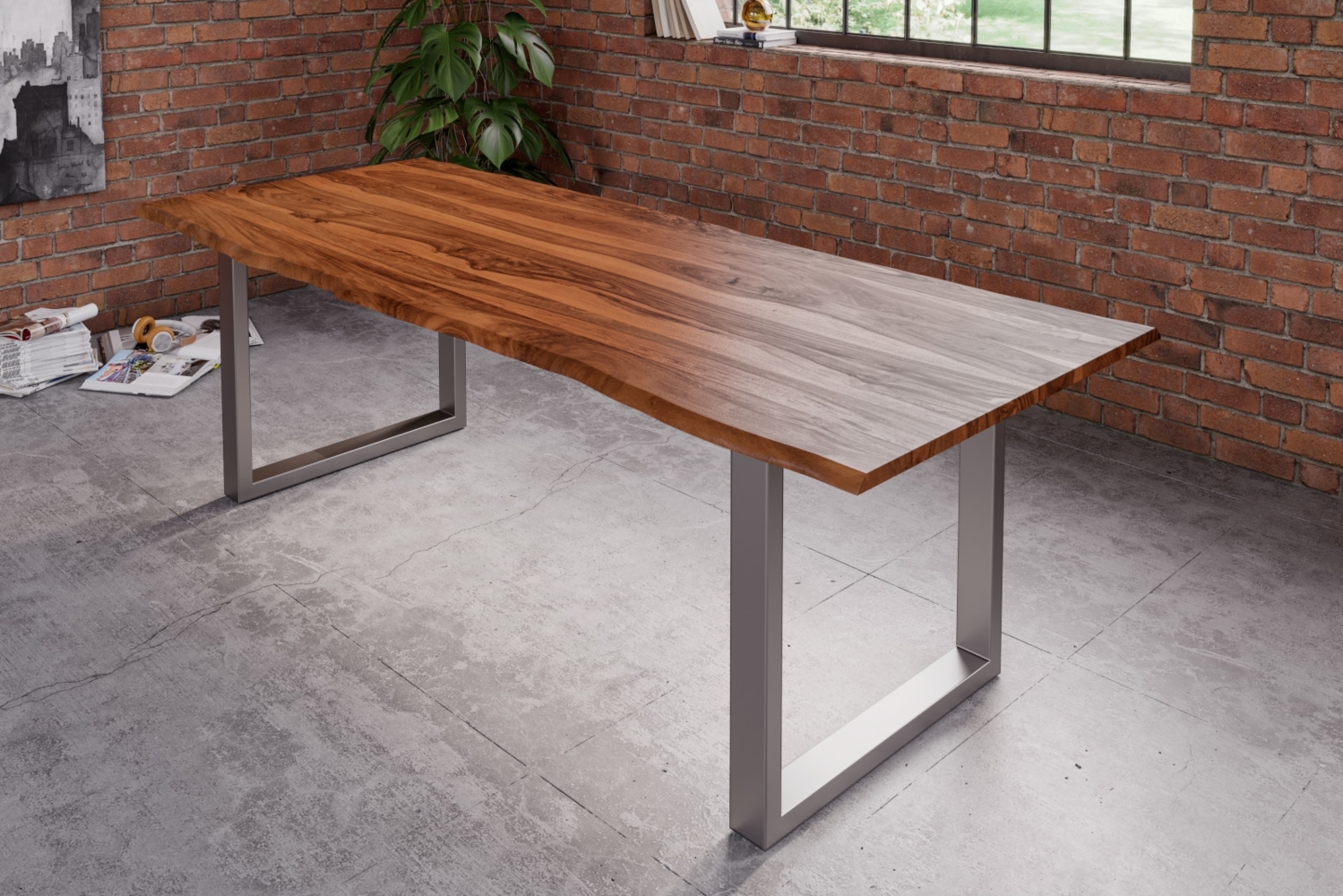 Esstisch Baumkante Massiv Sheesham-Holz naturfarben 180 x 90 U-Gestell silber Hero 71098089 Bild 1