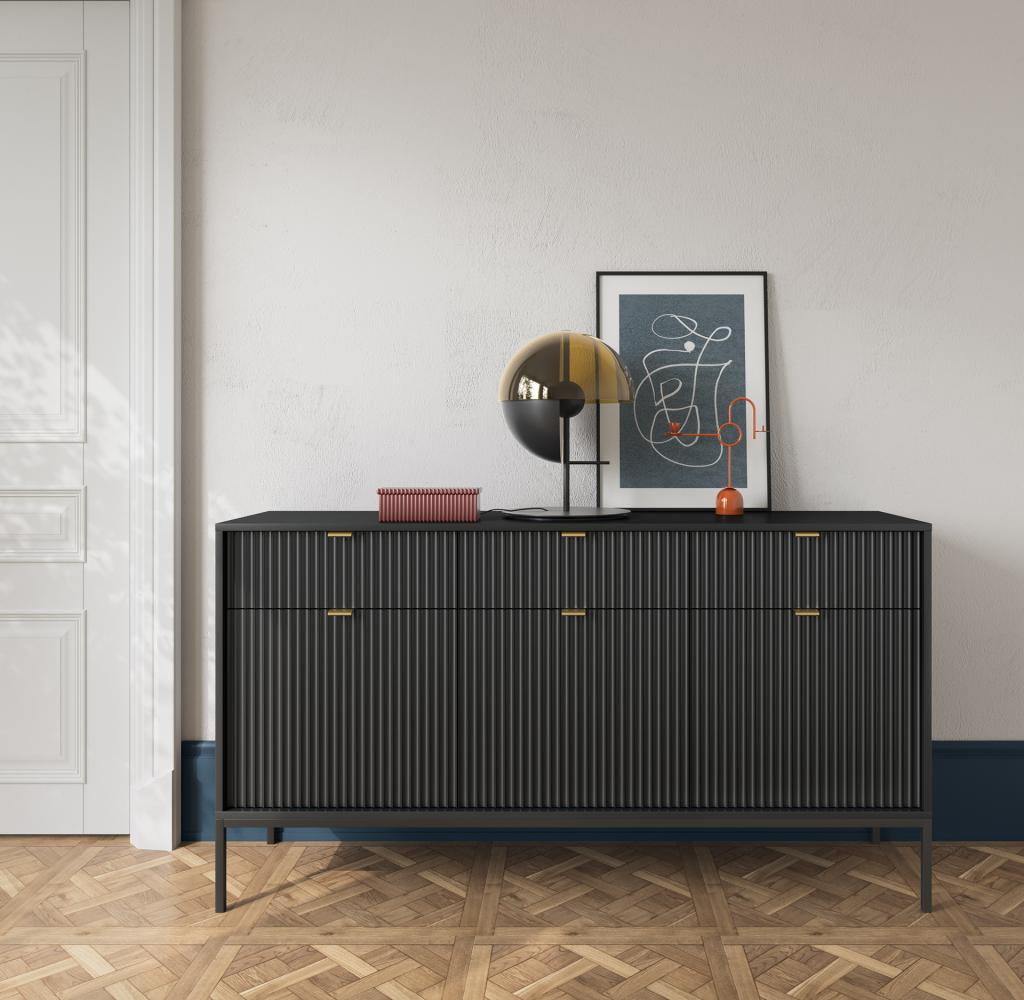 Domando Sideboard Lazise Klassisch Breite 154cm, aufwändig gefräste Fronten, Metallgestell, goldfarbene Griffe in Schwarz Matt Bild 1