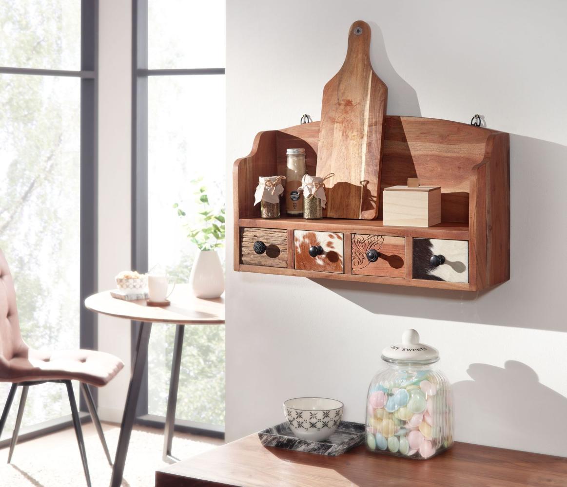 Kadima Design Einzigartiges Gewürzregal aus Akazien-Massivholz mit handgefertigten Schubladenfronten aus recyceltem Holz und Ziegenfell. 60 x 18 x 36 cm Bild 1