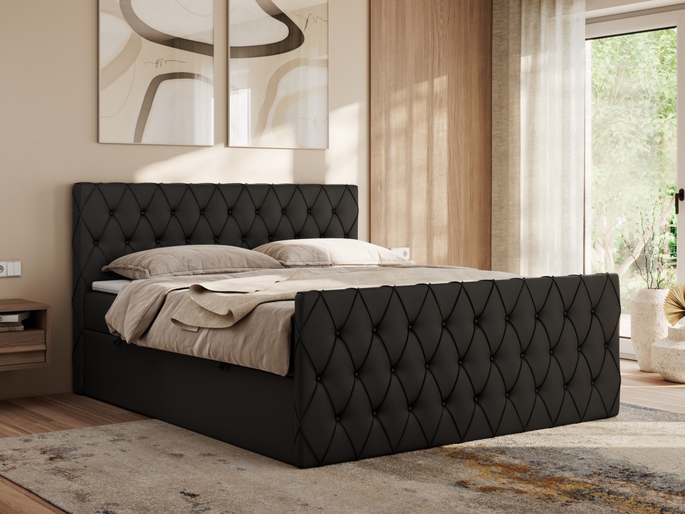 Boxspringbett mit gesteppter Front und Kopfteil, Multipocket-Matratze, zwei Bettkästen - MIREN DUO - 120 x 200 cm - Schwarz Kunstleder - H4 Bild 1