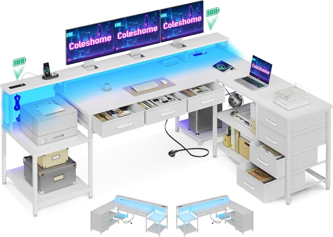 LuxusKollektion Gaming-Eckschreibtisch mit Schubladen, LED und Steckdosen, Weiß, 199 x 145,5 cm Bild 1