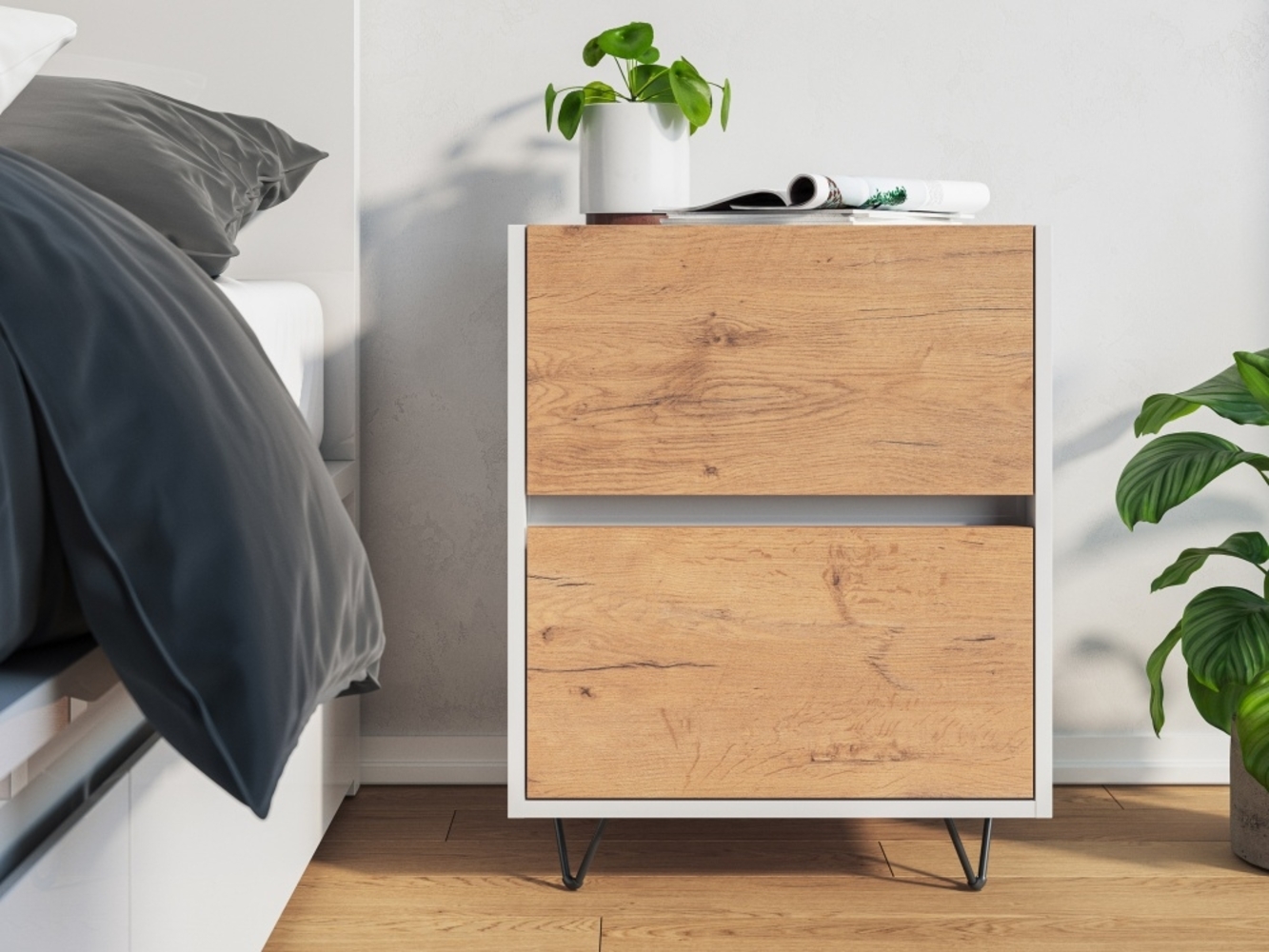 Nachttisch Yako 50cm 2 SoftClose stehend Weiß & Eiche Front : Oak Gold / Weiss hochglanz Bild 1