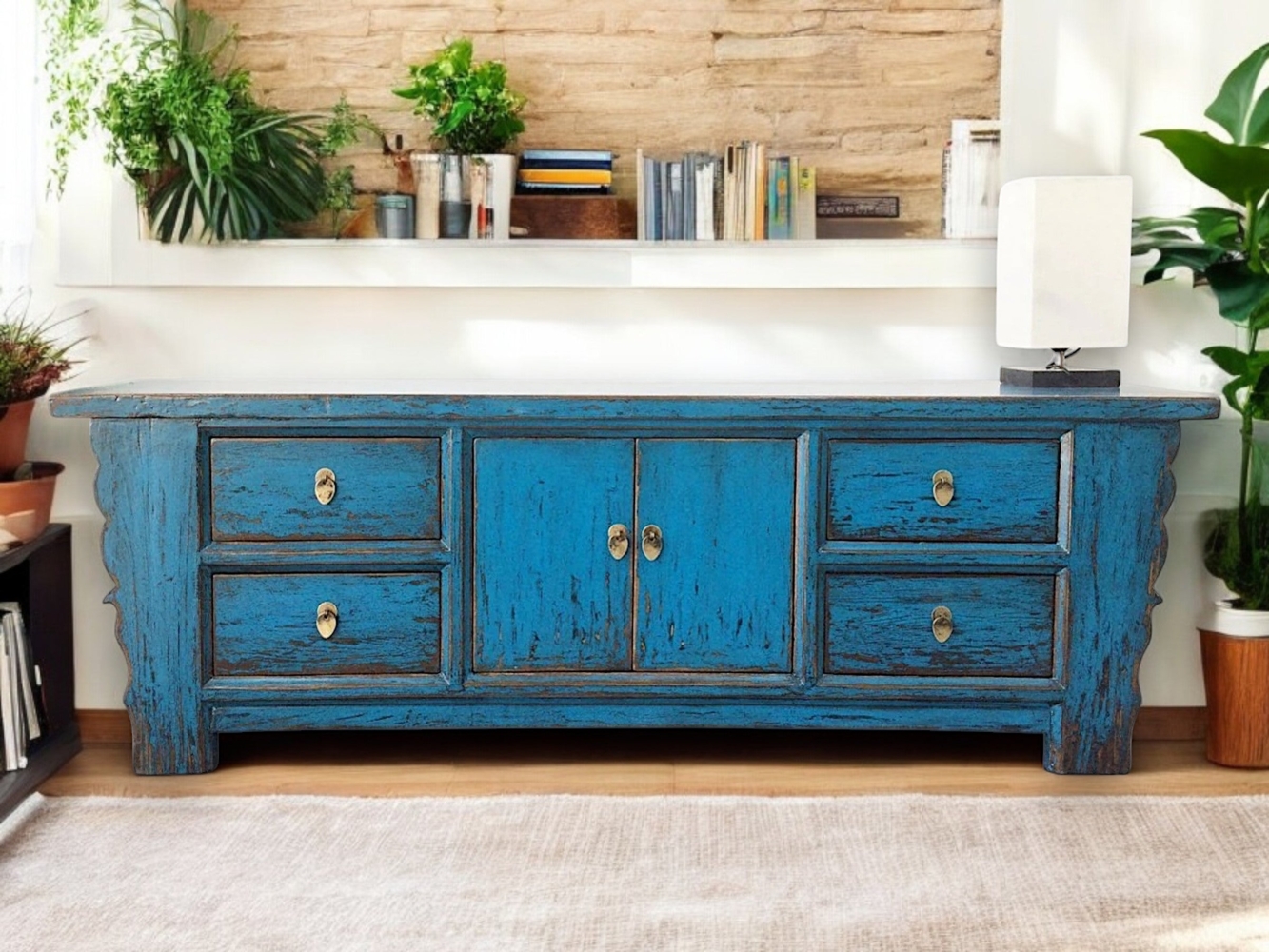 Chinesisches Lowboard Blau exotisch vintage Kommode TV-Schrank asiatisch Kolonial-Stil Antik-Stil Sideboard orientalisch Fernost shabby-chic Landhaus Bild 1