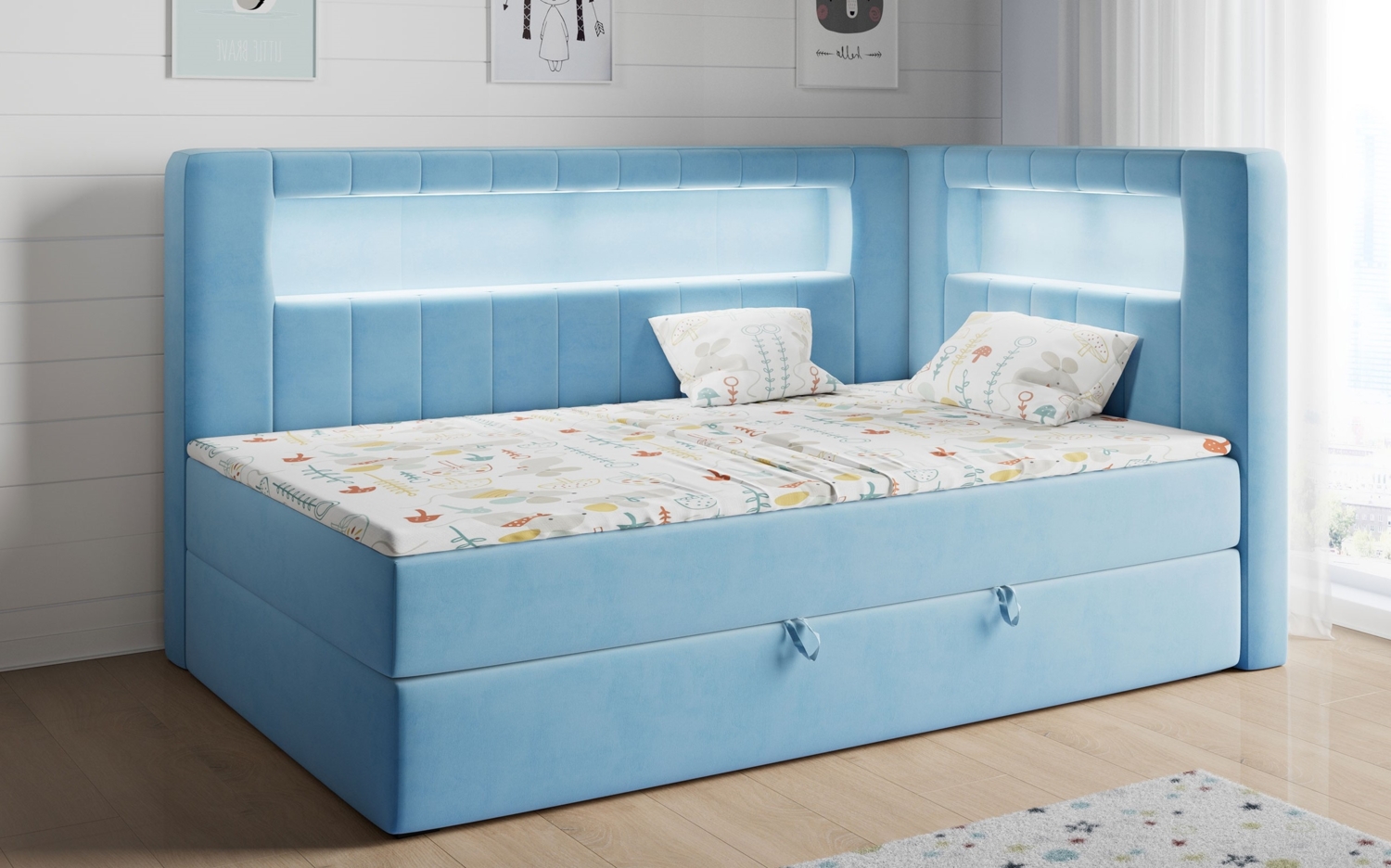 Boxspringbett mit LED, Einzelbett mit Bettkasten und Topper - JUNIOR GOLD 3 - 90x200 cm - Blau - Rechte Seite Bild 1