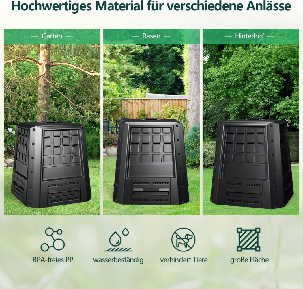 Garten Komposter 380 L PP Thermokomposter mit Deckel & verstellbaren Luftschlitzen 78 x 64 x 80 cm Schwarz Bild 1