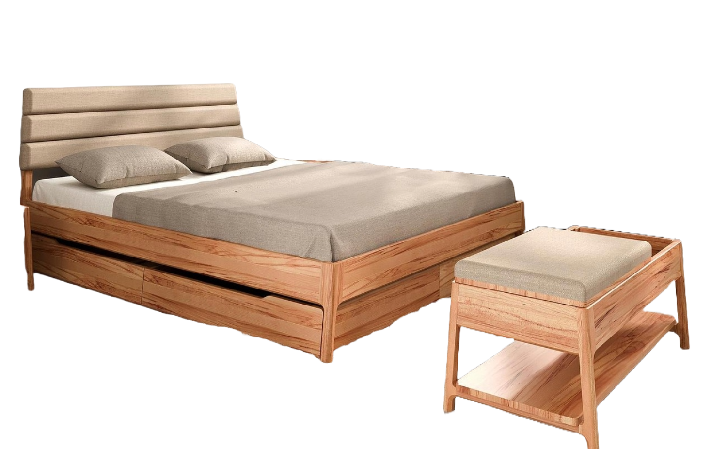 Bett Swig 2 Kernbuche massiv 200x200 mit Polsterkopfteil Beige und Holzbeinen Bild 1