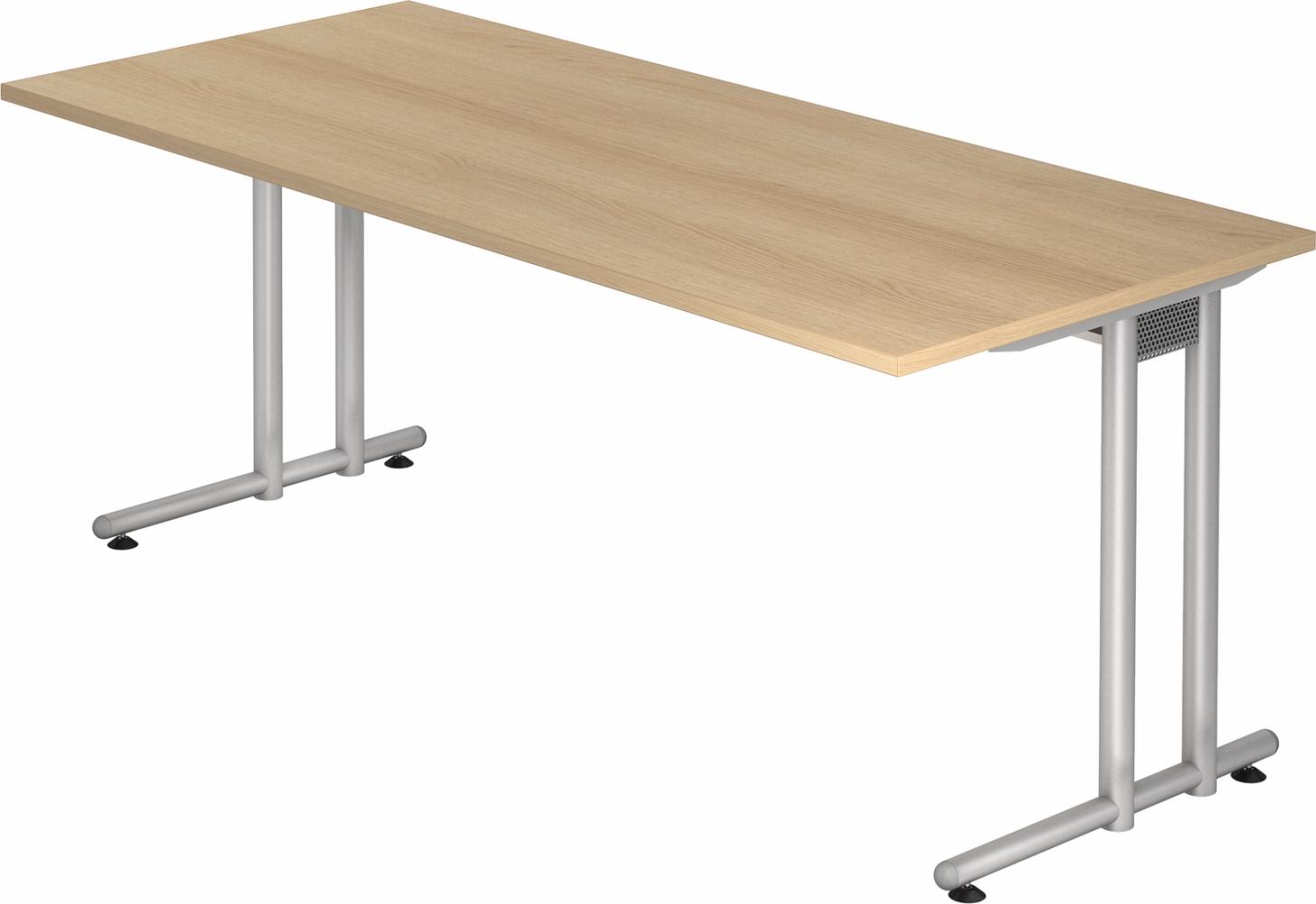 bümö Schreibtisch groß, N-Serie 180x80 cm, Tischplatte aus Holz in Eiche, Gestell aus Metall in Silber - PC Tisch, großer Computertisch für's Büro, Office Bürotisch, NS-19-E-S Bild 1