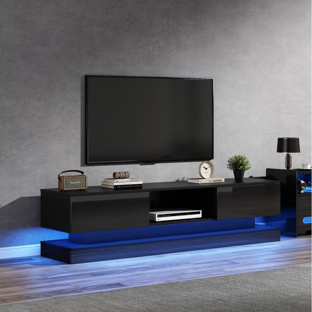 HAUSS SPOLE TV-Schrank Hochglanz-TV-Ständer mit LED-Beleuchtung, 2 Schubladen Schwarz (Hochglanz-Hängeschrank, 1-St, für 60-Zoll-Fernseher) mit LED-Beleuchtung, 2 Schubladen, App-Steuerung, Anti-Kipp-Design Bild 1