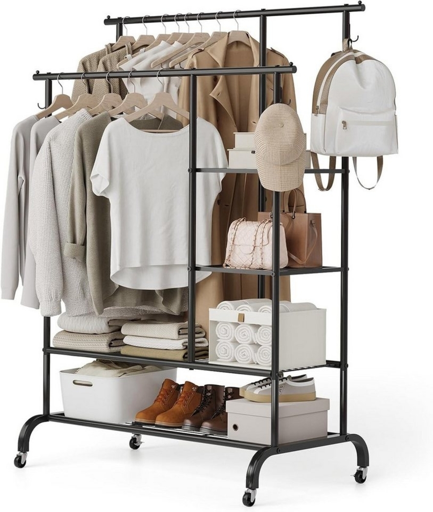 GarveeMore Kleiderständer mit Rollen & 4 Ablagen,Doppel-Kleiderstange aus Ø20mm Stahl, Stabile Rollgarderobe,120kgTragkraft,Schwarz Bild 1