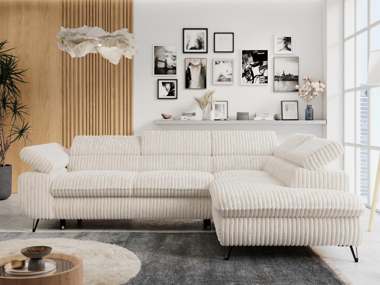 Mks Möbel 'Peter L-form' Ecksofa mit Bettfunktion, Bettkasten & einstellbaren Kopfstützen, Beige, Cord, rechts Bild 1