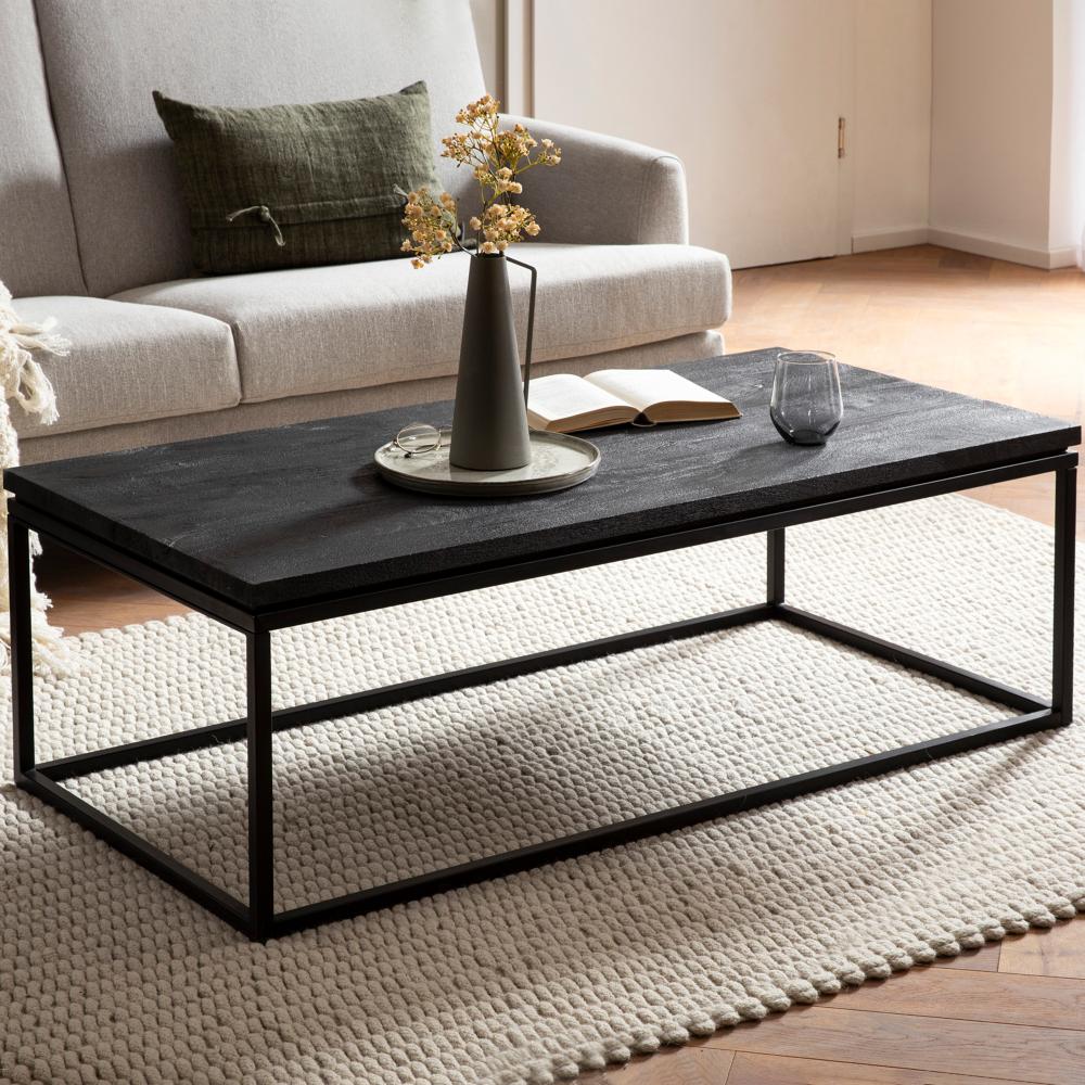 FineBuy Couchtisch Mango Massivholz / Metall Schwarz Sofatisch, Design Wohnzimmertisch mit natürlicher Holzmaserung, Kaffeetisch Wohnzimmer Modern Schwarz Bild 1