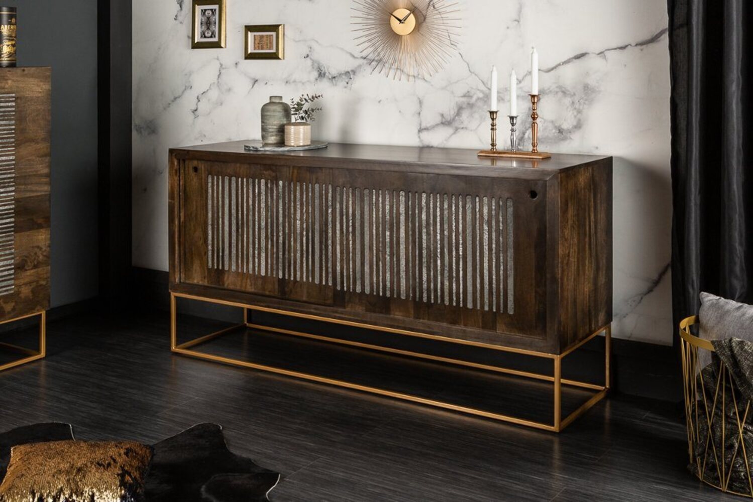 riess-ambiente Sideboard ONYX 160cm dunkelbraun / gold (Einzelartikel, 1 St), Massivholz · Achat · Edelstein · Metall · Schiebetüren · Wohnzimmer Bild 1