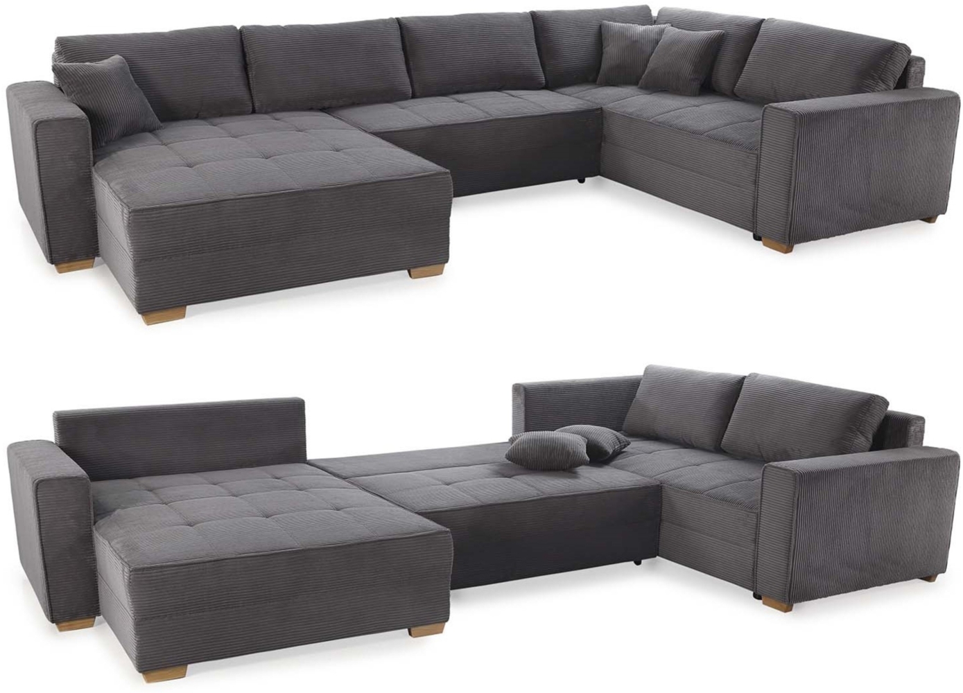 WOHNLANDSCHAFT Schlaffunktion Bettkasten Wellenunterfederung, spiegelverkehrt montierbar U-Form B379/T227/H86 cm, Cord Grau Anthrazit Bild 1