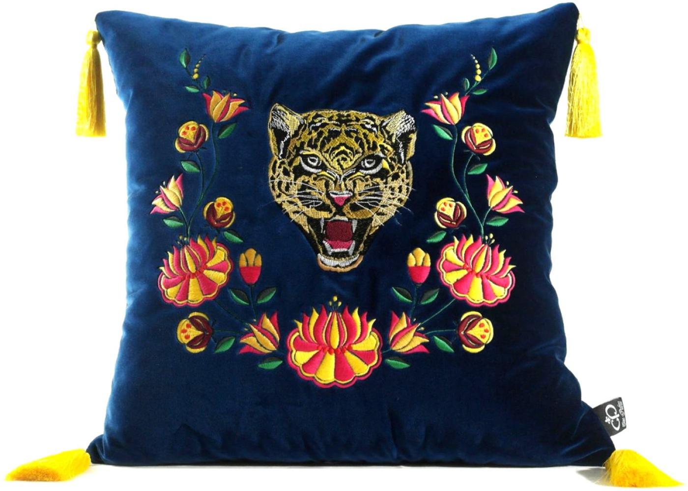 Casa Padrino Luxus Deko Kissen mit Troddeln Tiger Blau / Mehrfarbig 45 x 45 cm - Feinster Samtstoff - Luxus Qualität Bild 1