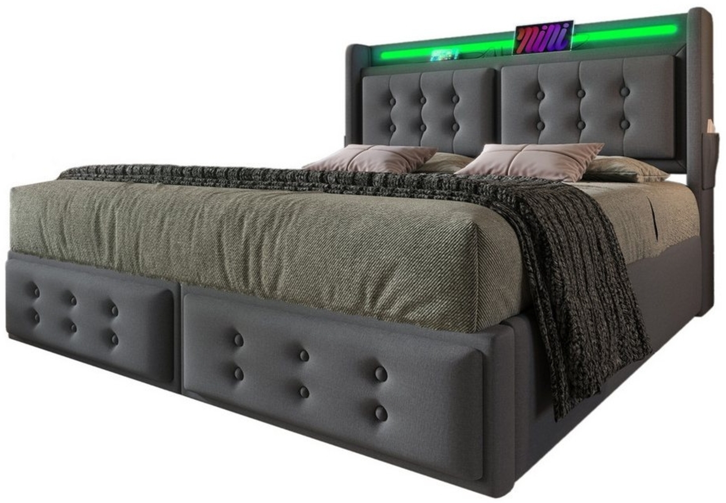 MODFU Polsterbett Doppelbett (Stauraumbetten mit Lattenrost, 1-tlg, 180x200cm, ohne Matratze), mit Led-Kopfteil und USB C Ladefunktion und 4 Schubladen Bild 1