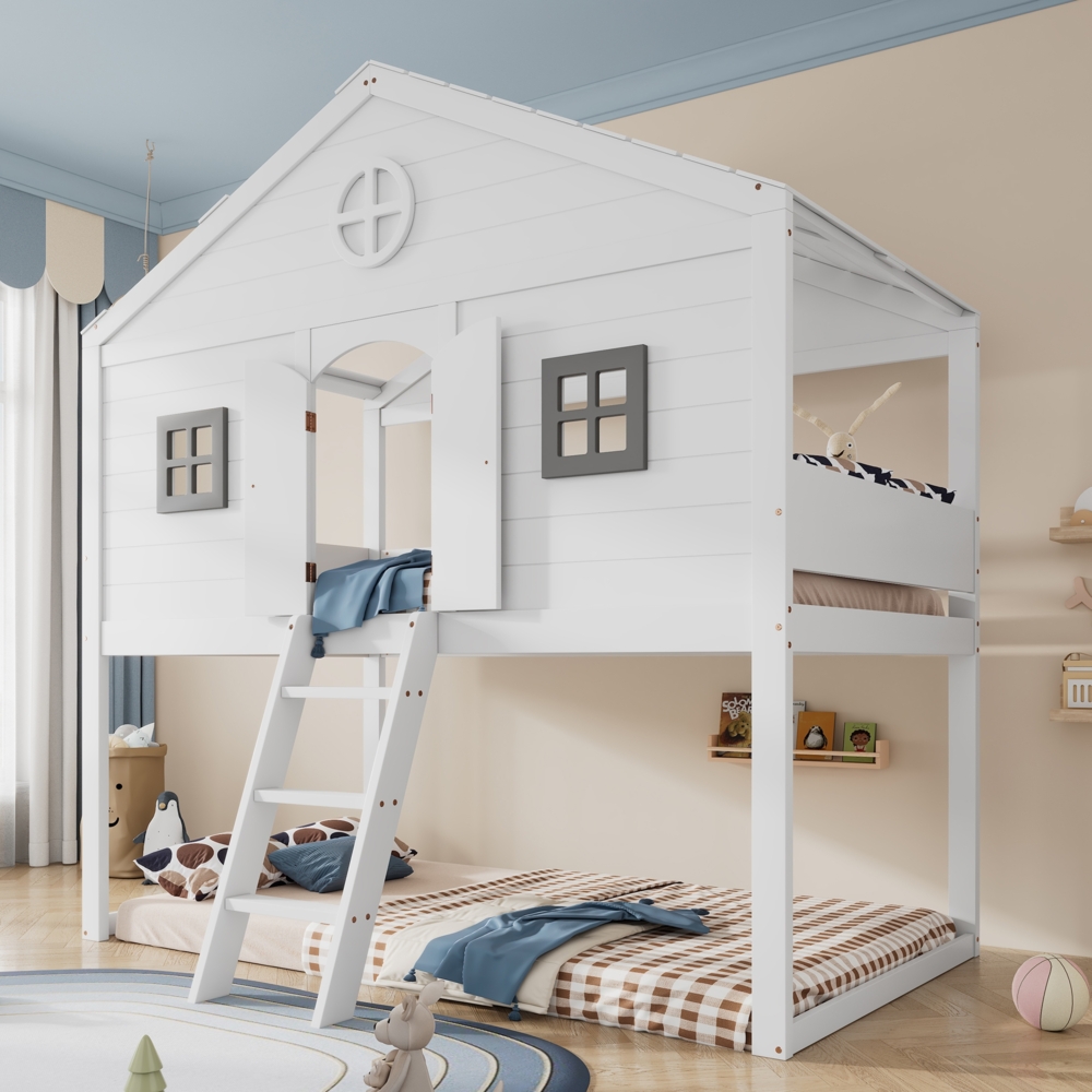 Merax Hausbett, mit Treppe, mit Fallschutz und Gitter, Zwei graue Fenster, mit Fenster, Frei gestaltetes Unterbett, Rahmen aus Kiefer, Kiefer+MDF, Weiß+Grau, 90x200cm Bild 1