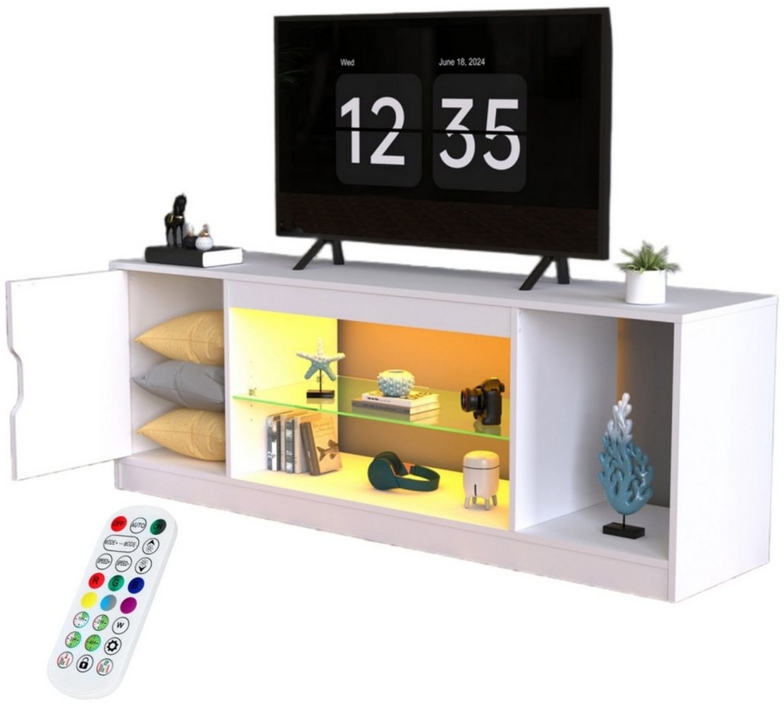 oyajia TV-Schrank Fernsehkommode, Lowboard TV Schrank,mit 16 Farben LED Beleuchtung (Lowboard TV Schrank, mit RGB-LED-Leuchten, 1 offenes Regalfach und Glasregal Fächern) TV Board Fernsehschrank 148cm, Fernsehtisch für 65 Zoll & kleinere TVs Bild 1