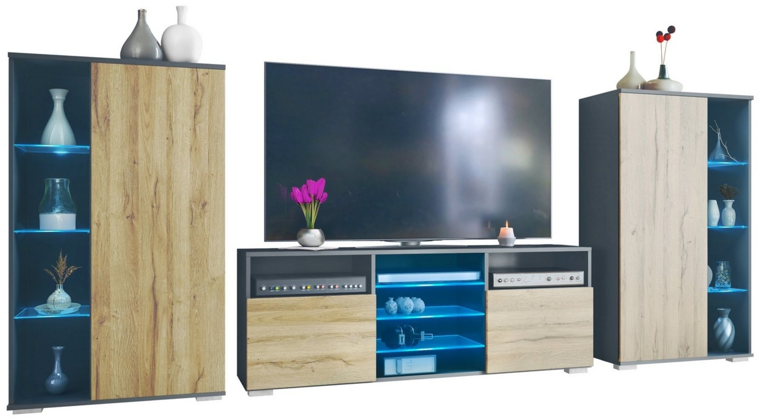 Vladon Wohnwand Davos, (Anbauwand, bestehend aus 2 Vitrinen, 1 TV-Board und LED-Beleuchtung), Anthrazit matt/Eiche Natur (329 x 134 x 35 cm) Bild 1