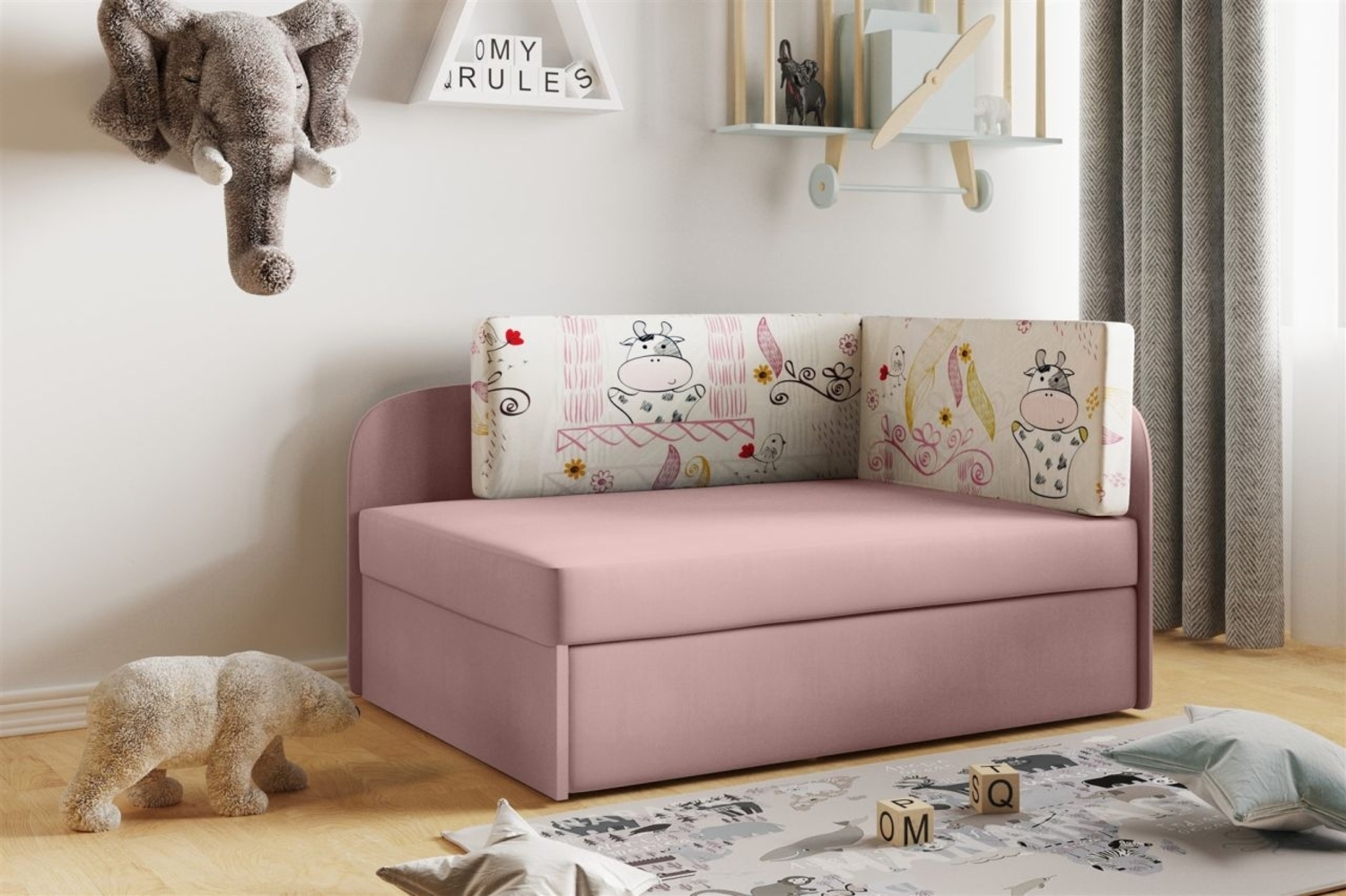 Sofa Kindersofa Schlafsofa inkl. Bettkasten MAILO Seite Links Stoff Rosa-Kuh Bild 1