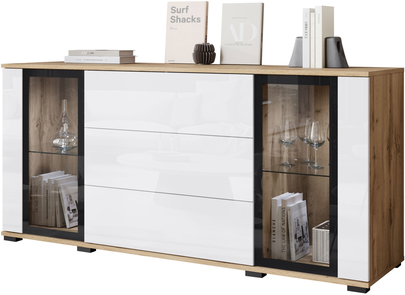 Kommode Clarkoy SB 150 2D3S (Farbe: Wotan / Weiß Hochglanz, mit weißer LED Beleuchtung) Bild 1