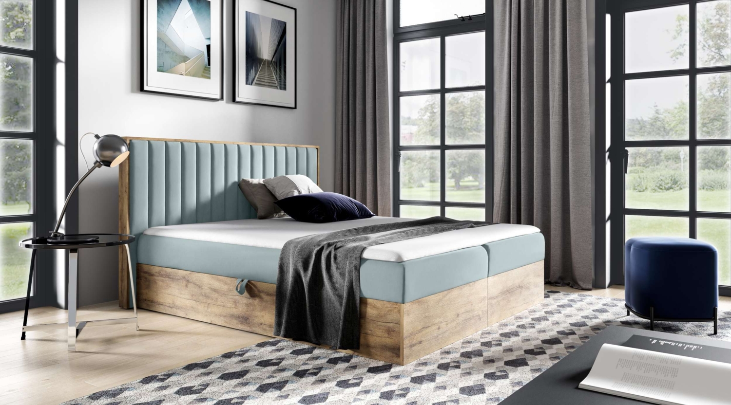 99rooms Arizona Boxspringbett 200x200 cm Velours MONOLITH Silber Bild 1