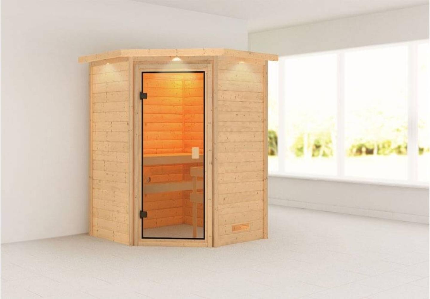 Karibu Ecksauna Antonia mit Dachkranz ohne Ofen Bild 1