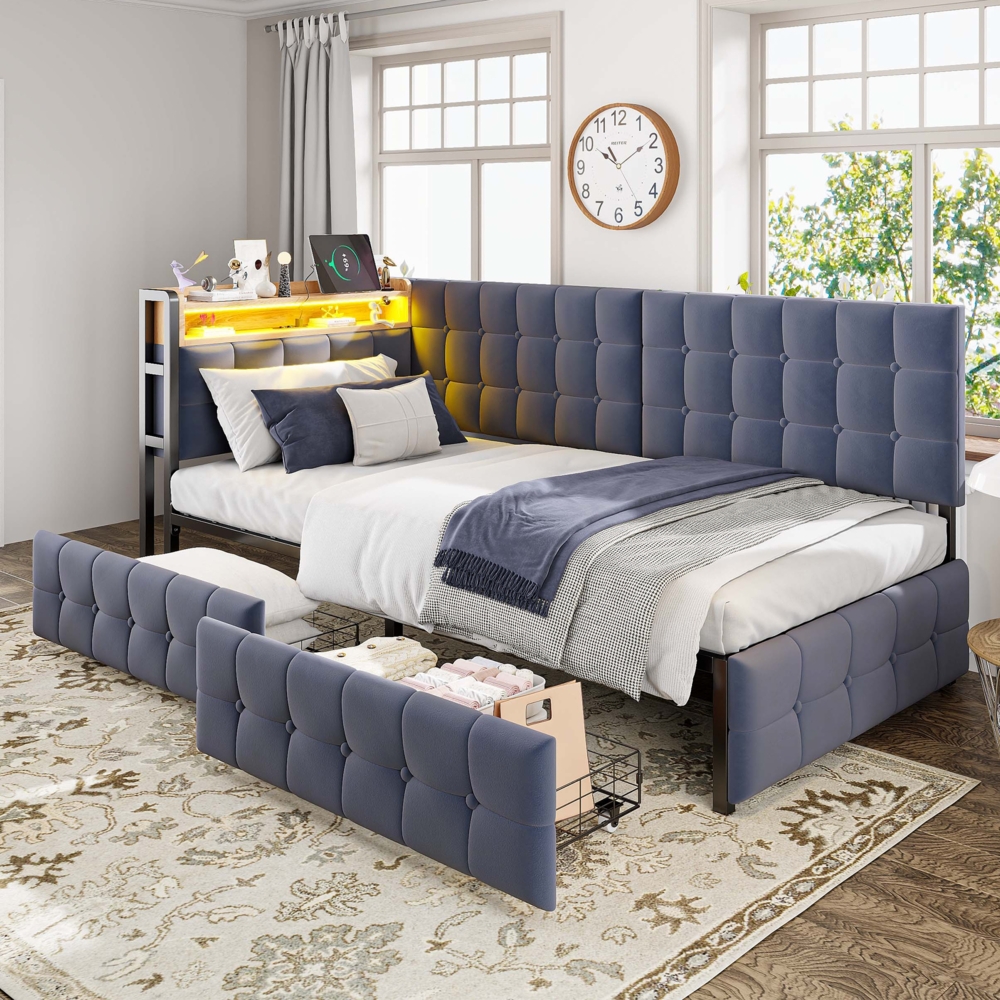 Merax Polsterbett 90 X 200cm Daybett Schlafsofa, Einzelbett mit 2 Schubladen und LED-Nachttischlampe, USB- und Typ-C-Anschluss, Dunkelgrau Bild 1