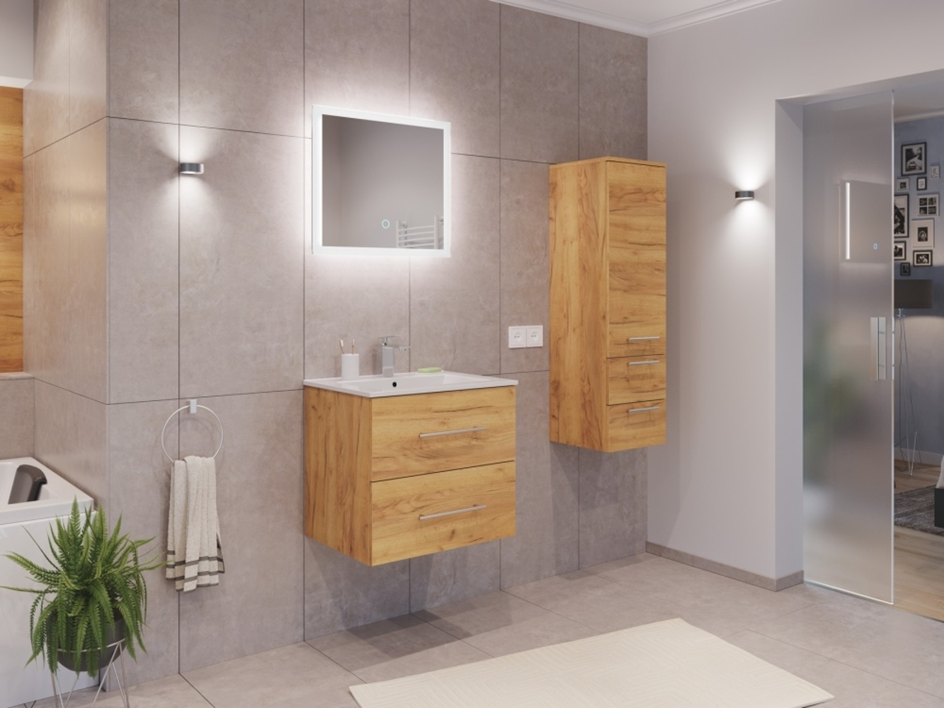 Badmöbel Set Firenze 60 3tlg. LED Spiegel und Seitenschrank eiche gold : Eiche Gold Bild 1