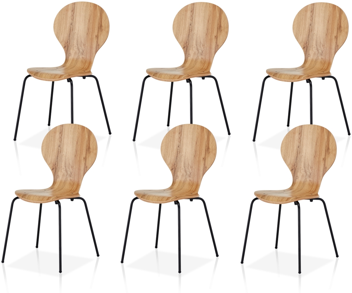 KHG 6er Set Stapelstühle Esszimmerstuhl Stuhl aus Schichtholz mit Eiche-Dekor - Sitzhöhe 45 cm, Stuhlbeine aus Metall - stapelbar auch für Gastronomie geeignet Bild 1