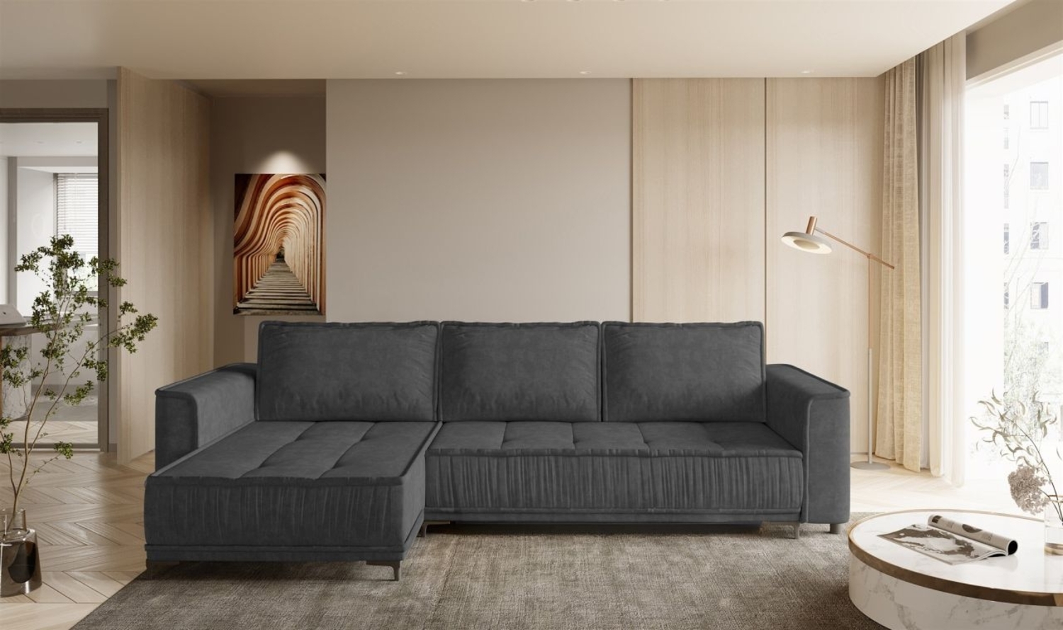 Ecksofa Schlafsofa Sofa JUNA Stoff Terra Dunkelgrau Ottomane Links Bild 1