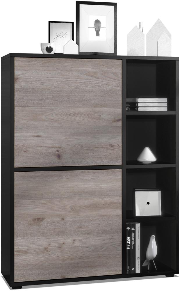 Highboard Schrank Anrichte Cuba mit 8 Fächern, Korpus in Schwarz matt / Fronten in Eiche Nordic Bild 1