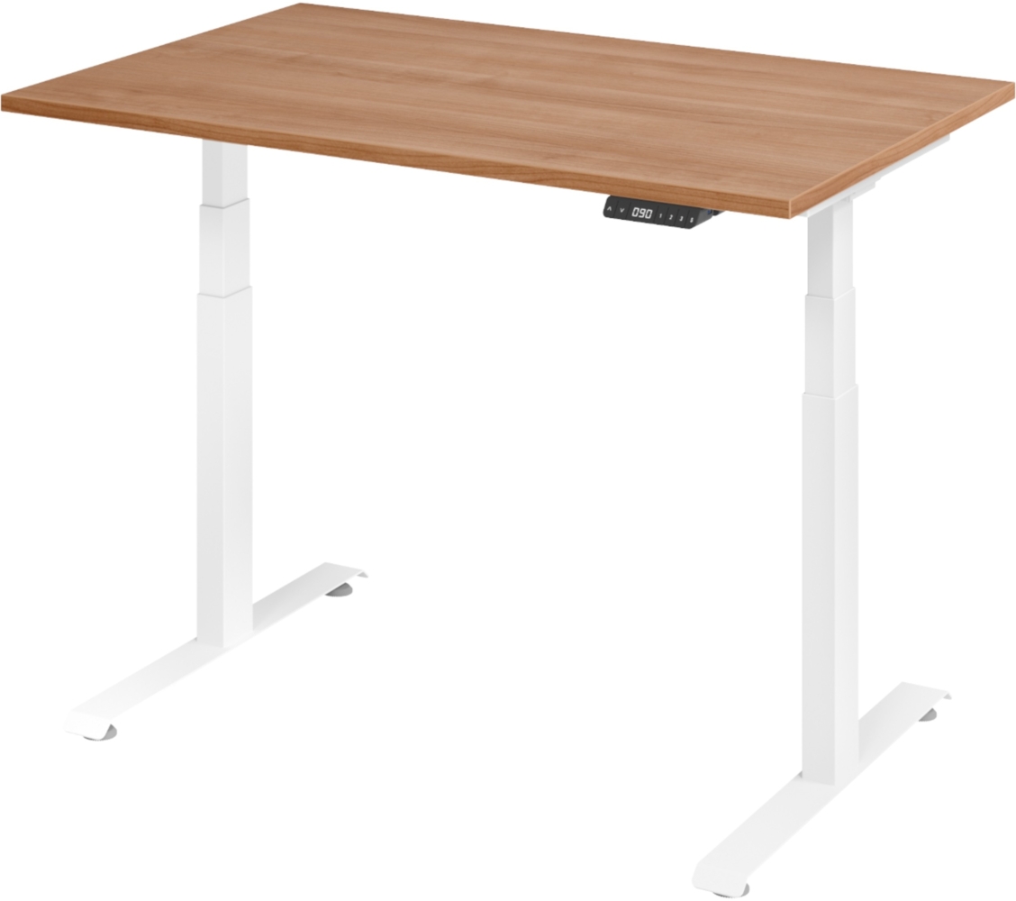 bümö höhenverstellbarer Schreibtisch 120x80 cm in Nussbaum, Gestell weiß - Höhenverstellbar Elektrisch Stehpult mit 3-fach Speicher, Computertisch, Ergonomischer Steh-Sitz Tisch, Bürotisch, LXK65-12-N-W Bild 1