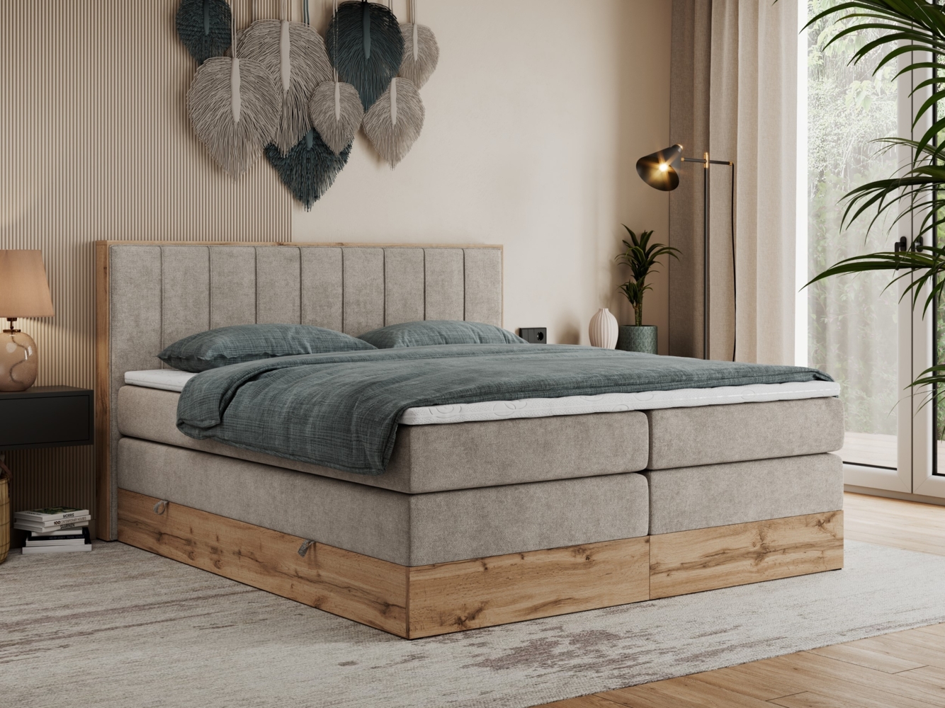 Boxspringbett BELLISSIMO KING, Doppelbett mit Multipocket-Matratze, Polsterbett mit Kopfstütze - 160 x 200 cm - Beige Stoff - H4 Bild 1