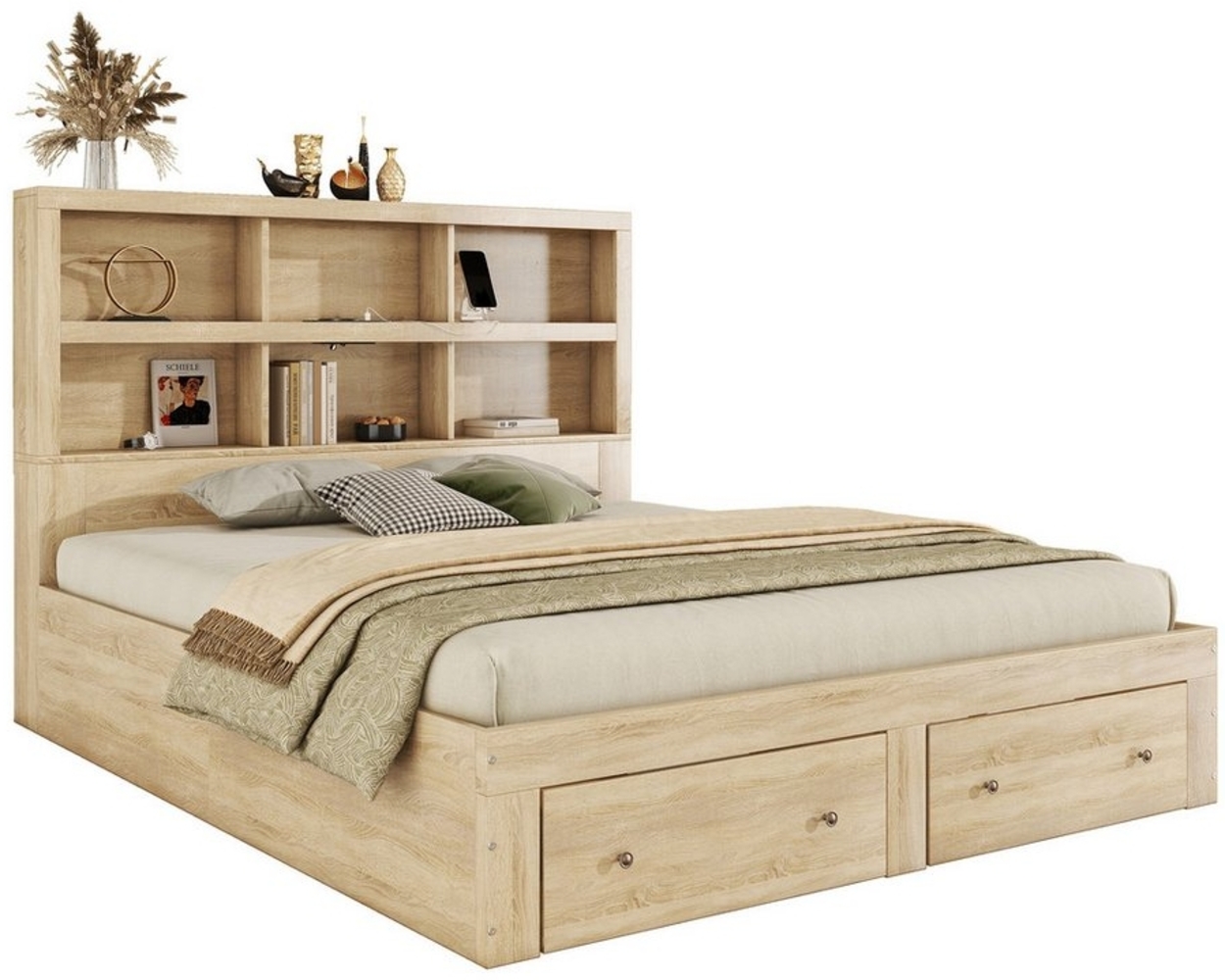 Merax Holzbett 160x200 cm mit 6 Fächern und 2 Schubladen, Doppelbett Kingsize mit USB-Anschluss, aus Massivholz Bild 1