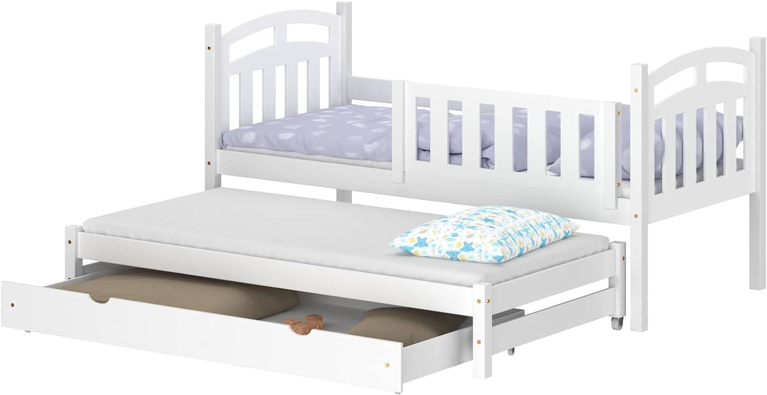 WNM Group Kinderbett Ausziehbar mit Rausfallschutz Suzie - aus Massivholz - Ausziehbett für Mädchen und Jungen - Bett mit Schublade - Funktionsbett 200x90 / 190x90 cm - Weiß Bild 1