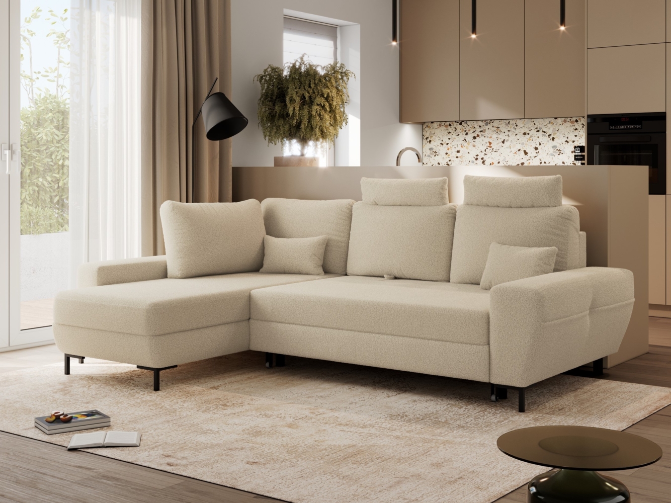 Ecksofa mit Schlaffunktion und Bettkasten für das Wohnzimmer, auf schwarzen Metallbeinen, mit losen Kissen - FLAVIA - Beige Boucle - linke Seite Bild 1