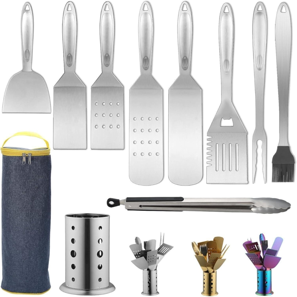 LuxusKollektion BBQ-Grillbesteck-Set mit Utensilienhalter, 10-teilig, Edelstahl silber Bild 1