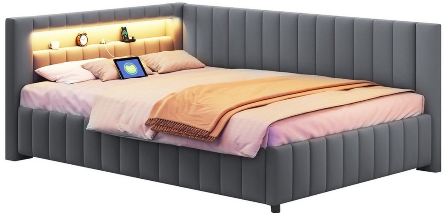 REDOM Polsterbett Schlafsofa 140x200 Multifunktionsbett, Funktionsbett Stauraumbett (Mit LED-Licht, USB-Ladeanschluss und Samtbezug, Inklusive Matratze), Perfekt für Wohnzimmer & Gästezimmer Bild 1