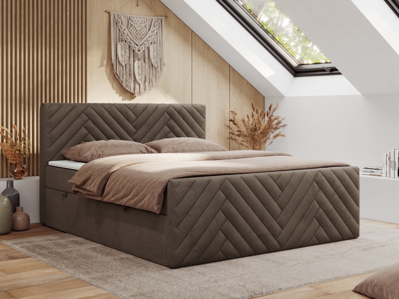 Boxspringbett mit zwei Bettkästen, 7 Härtezonen Multipocket-Matratzen, dekoratives Kopfteil und Front, Doppelbett - PARIS DUO - 160 x 200 cm - Braun Velours - H4 Bild 1