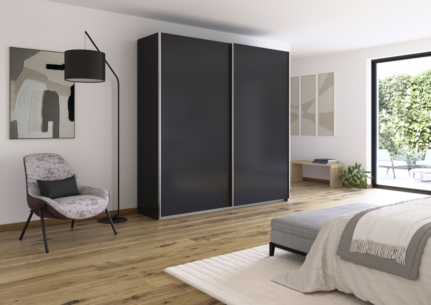 rauch Quadra, Kleiderschrank, Schiebetürenschrank, 2-türig, mit 2 Kleiderstangen und 4 Einlegeböden, Farbe Grau metallic, BxHxT 226x229x61cm Bild 1