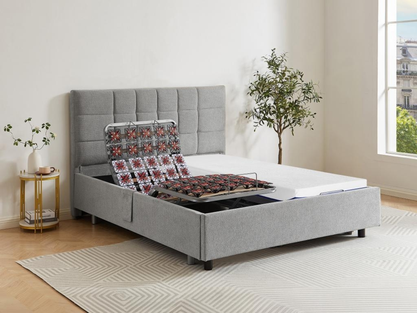 Dekoratives Bett mit elektrischer Relaxfunktion mit Tellern + Memory-Schaum-Matratze - 2 x 80 x 200 cm - Stoff - Grau - EREGA von DREAMEA Bild 1