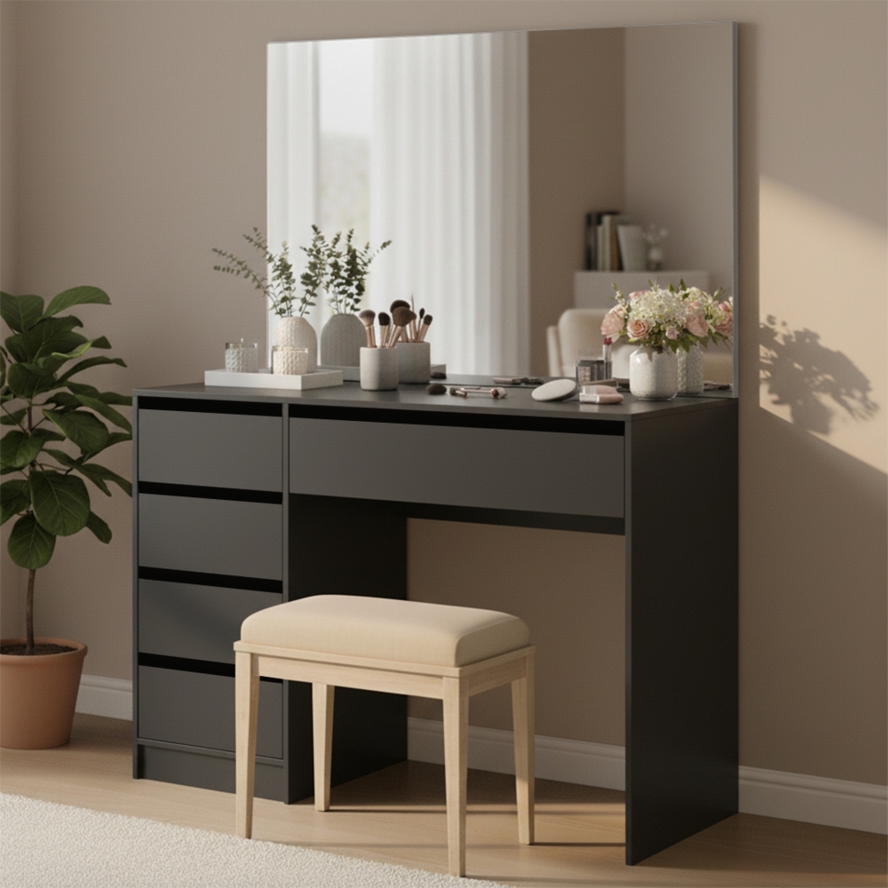 Bellamio 'Nore' Schminktisch mit Spiegel, mit 5 Schubladen, beidseitig montierbar, schwarz, 75x53x110 cm, Wandspiegel aus HD-Glas (mit Wandbefestigung) Bild 1