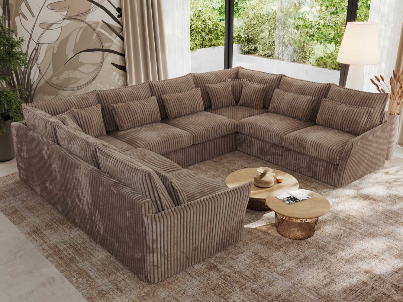Modulares U-förmiges Wohnzimmer-Ecksofa, XXL Ecksofa mit Armlehnen, Wohnlandschaft, Universal-Ecksofa mit lockeren Kissen - VERSO U 8M - Braun Cord Bild 1