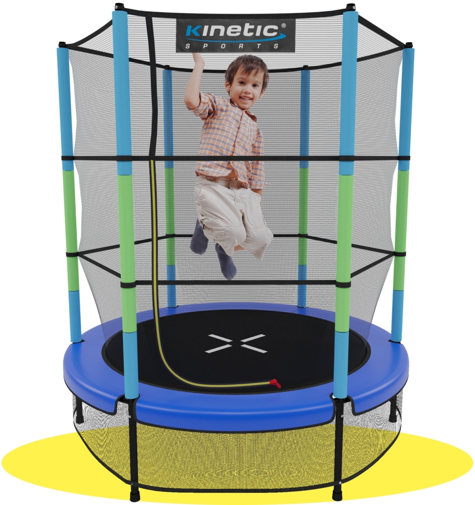 KINETIC SPORTS Kinder Trampolin JUMPER 140 cm - Inklusive Gummiseil Federung, Sicherheitsnetz mit Reißverschluss, Rahmenpolster, Schutz Bodennetz - Indoor Kindertrampolin Spielzeug Bild 1