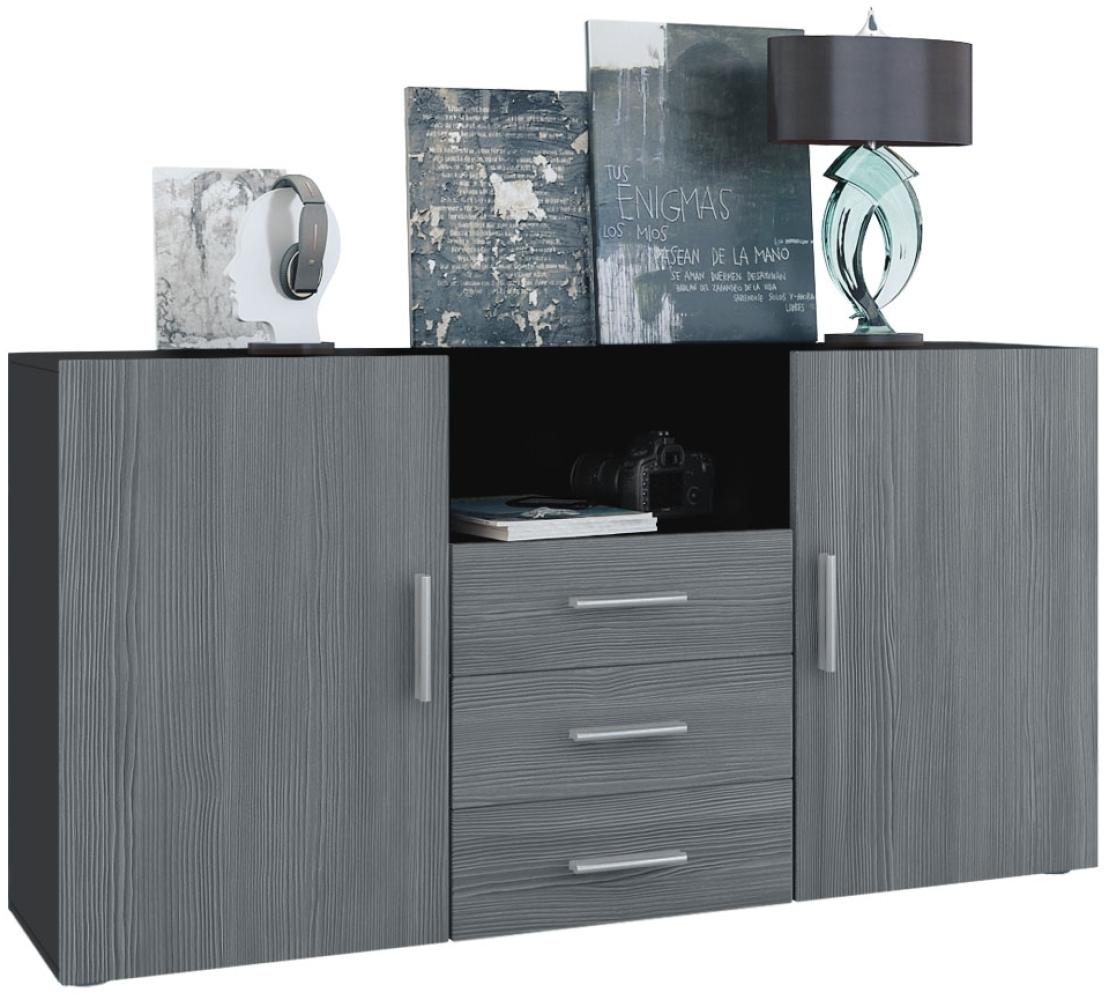 Vladon Sideboard Skadu, Kommode mit 2 Türen, 3 Schubladen und 1 offenem Fach, Schwarz matt/Avola-Anthrazit (138,5 x 71,5 x 35 cm) Bild 1